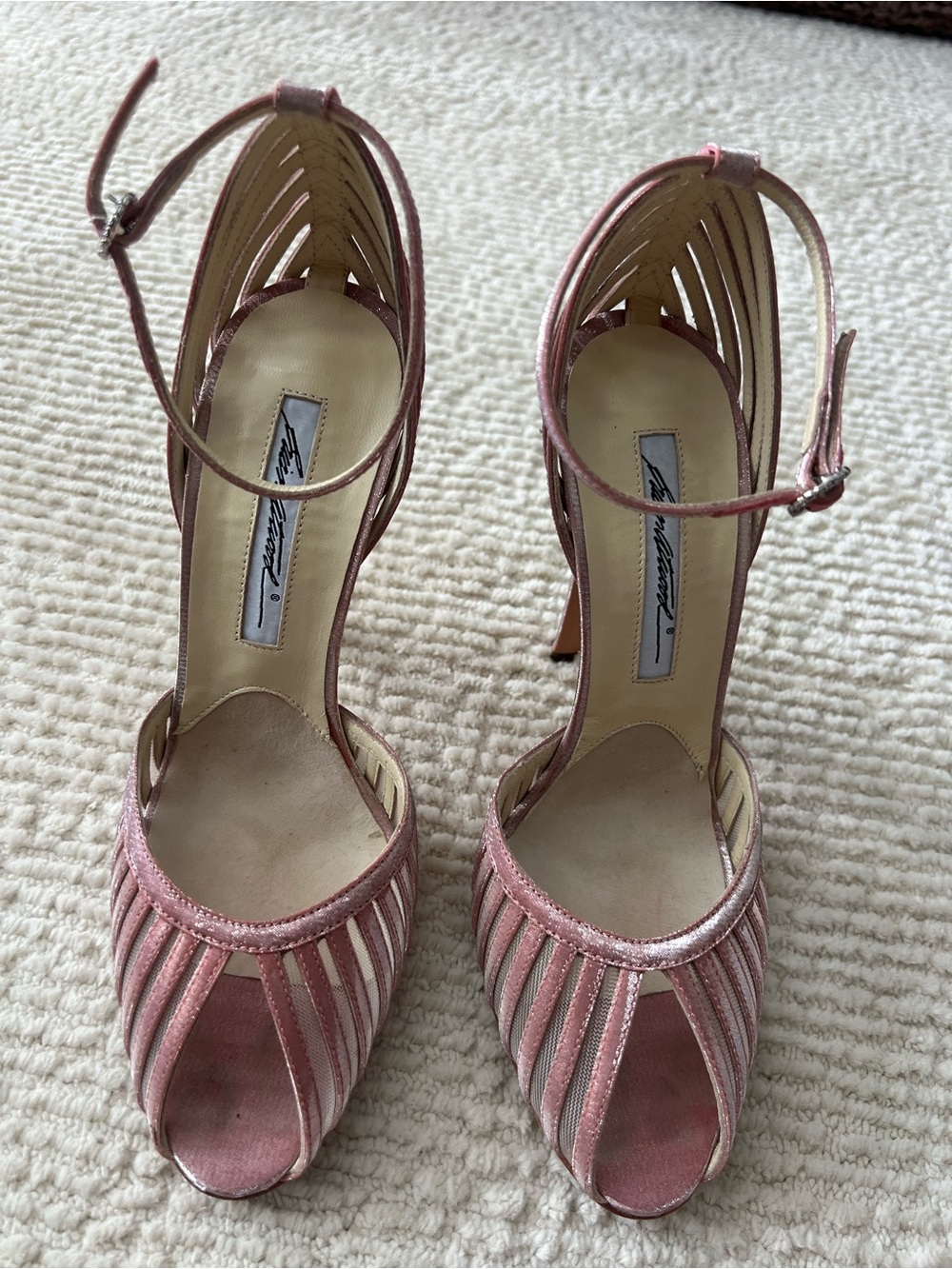 Brian Atwood Rare Pink Metallic Strappy Stiletto Sandals - Picture 2 of 12
